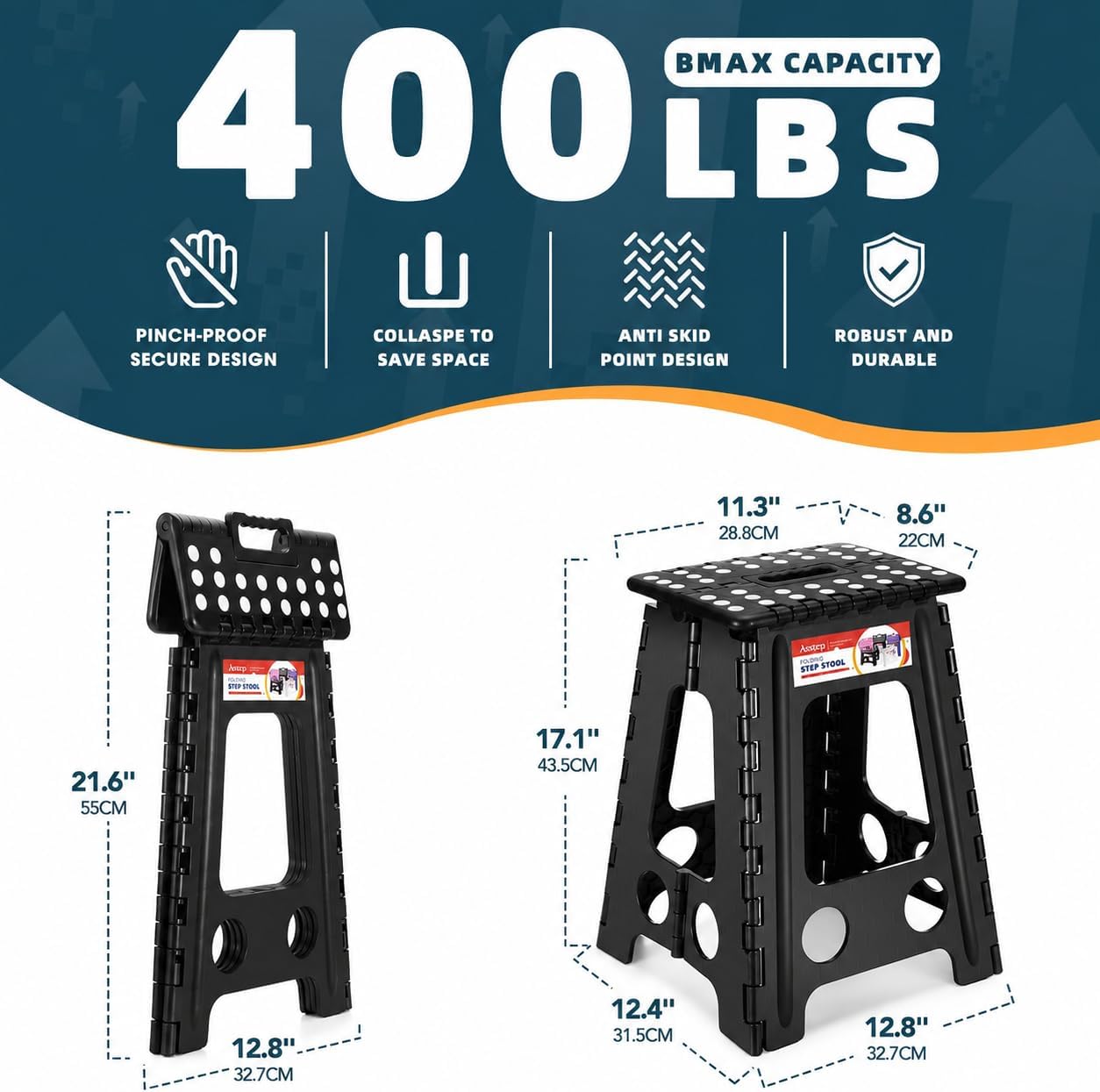 11 Inch Folding Step Stool for Kids, Non-Slip Foldable Stools, Black | Heavy Duty Collapsible Foot Stool, Lightweight with Built-in Handle, Holds 300 lb for Adults Kitchen Bathroom Bedroom Outdoor