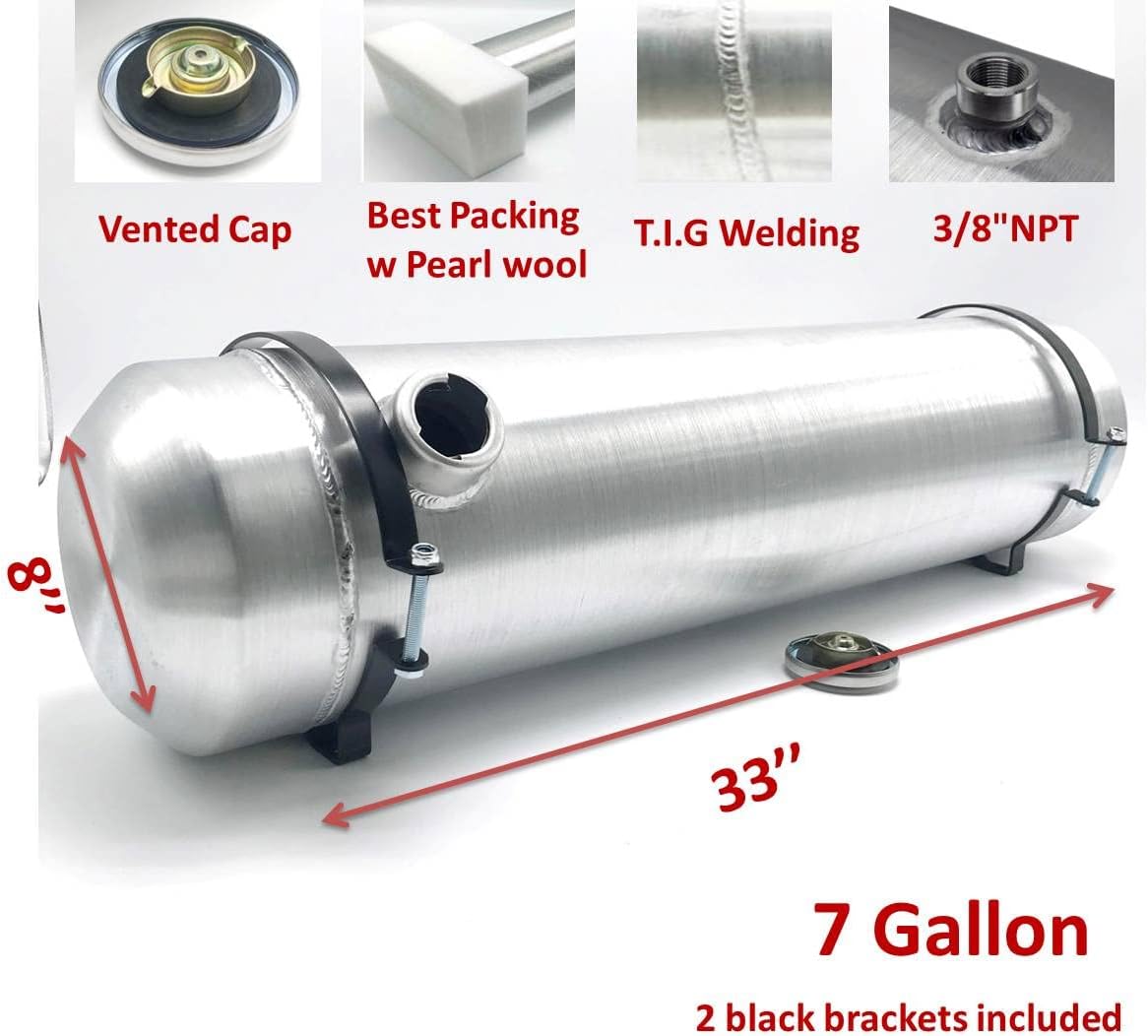 JSD 5 Gallons 8”x24“ Aluminum Spun Round Fuel Gas Tank Cell Fuel Tank with Bracket End Fill 1/4" NPT Outlet