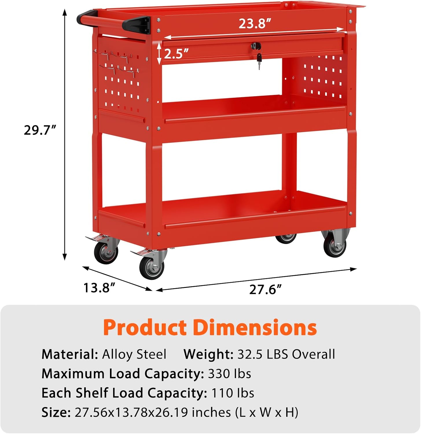3-Tier Heavy Duty Utility Cart on Wheels, Rolling Tool Cart on Wheels with a Drawer, 350 Lbs Load Capacity Service Cart for Warehous, Garage and Repair Shop (Black)