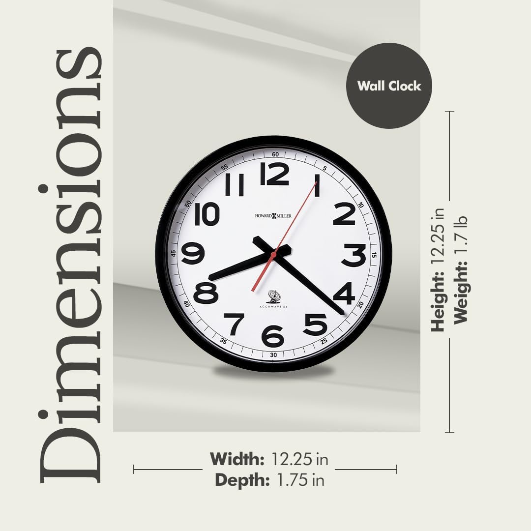Howard Miller Accuwave Wall II Radio-Controlled Wall Clock – Auto Time Zone & DST, Soft Tick, White Dial, Crystal Glass, AA Battery
