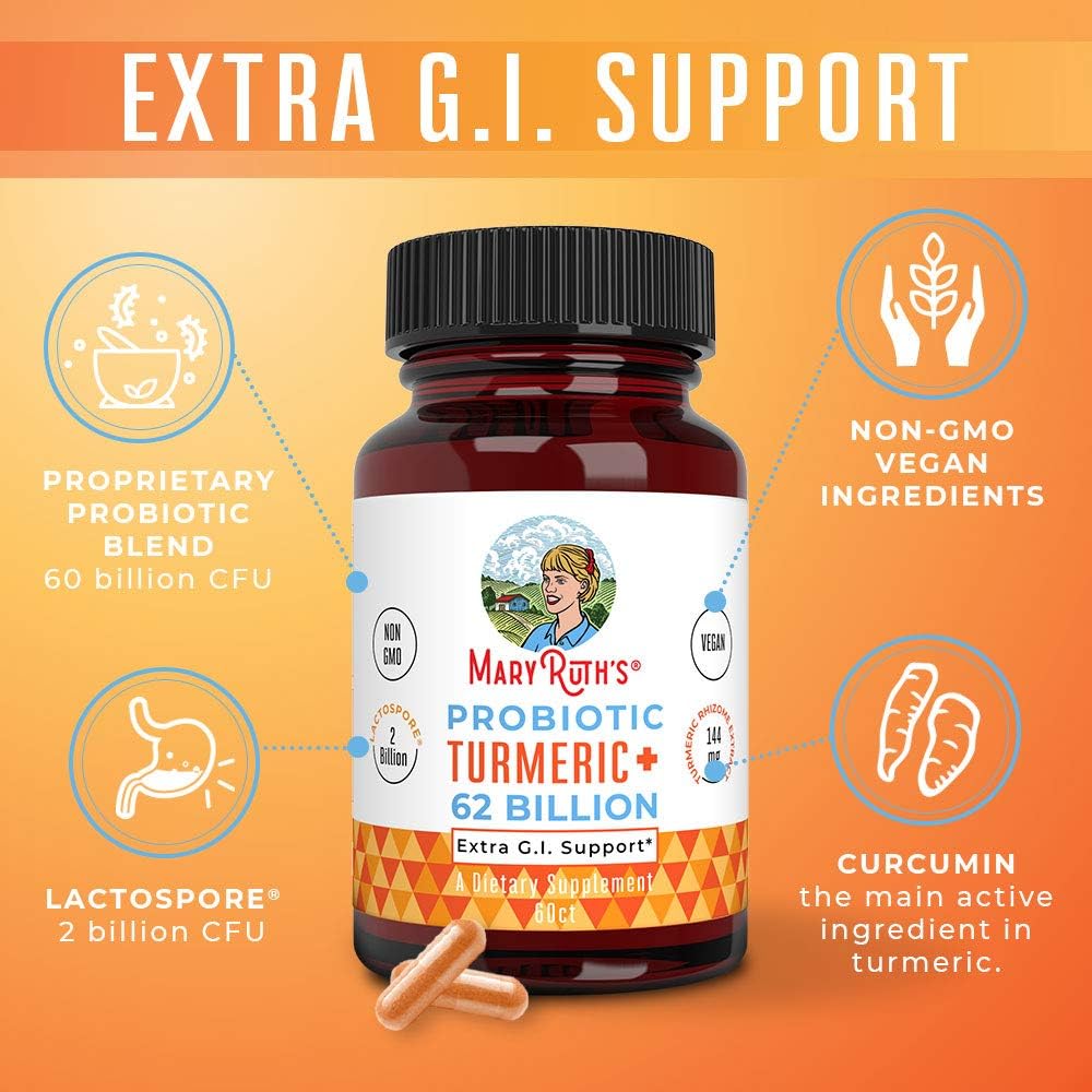 MARYRUTH'S Probiotic Turmeric Curcumin + Extra GI Support, Vegan, 60 Count | 62 Billion CFU, Organic Ingredients Turmeric Complex with Probiotics