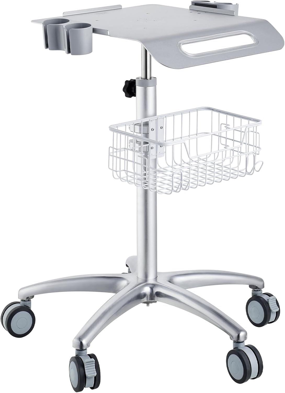 VEVOR Medical Trolley with Wheels - Height Adjustable Gas Lift, Large Tabletop 19"×17", Stainless Steel Rolling Laptop Cart with Storage Basket