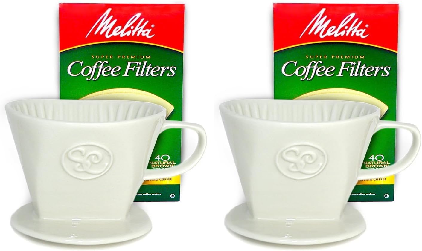 Simply Charmed Ceramic Pour Over Coffee Maker with 40 Count Melitta Filters - Elegant Single Serve Coffee Dripper for Rich Brewed Pour Over Coffee - Base Measures 4", Height 3" - Brews 8-16 oz