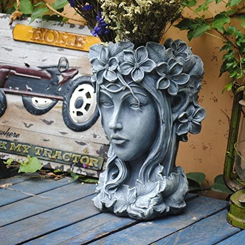 Sungmor Creative Goddess Head Planter Statue for Garden Ornaments | 9×9×14 Inch Premium Resin | Cool Face Large Diameter Flower Pot for Patio Lawn