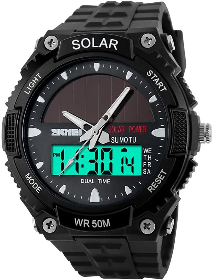 MASTOP Solar Powered Energy Watch for Men Military Digital Multifunctional Led Luminous Indication 2 Time Zone 50m Waterproof Watch Reloj Solar para Hombre