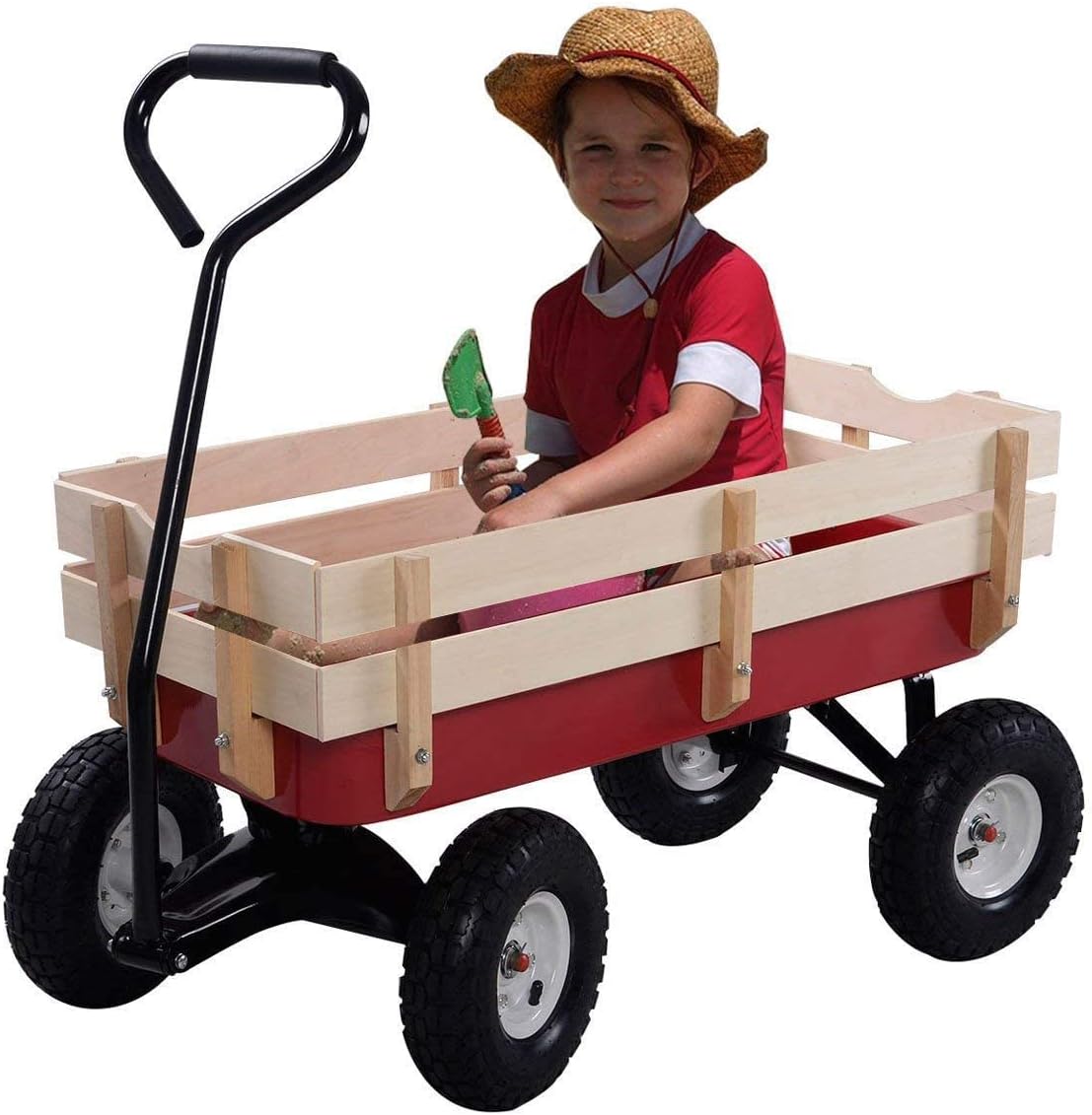 ReunionG Garden Cart with Free-Rotating Wood Railing, Kids Outdoor Wagon with Rubber Wheels, All Terrain Cargo Wagon with 330lbs Weight Capacity, Red