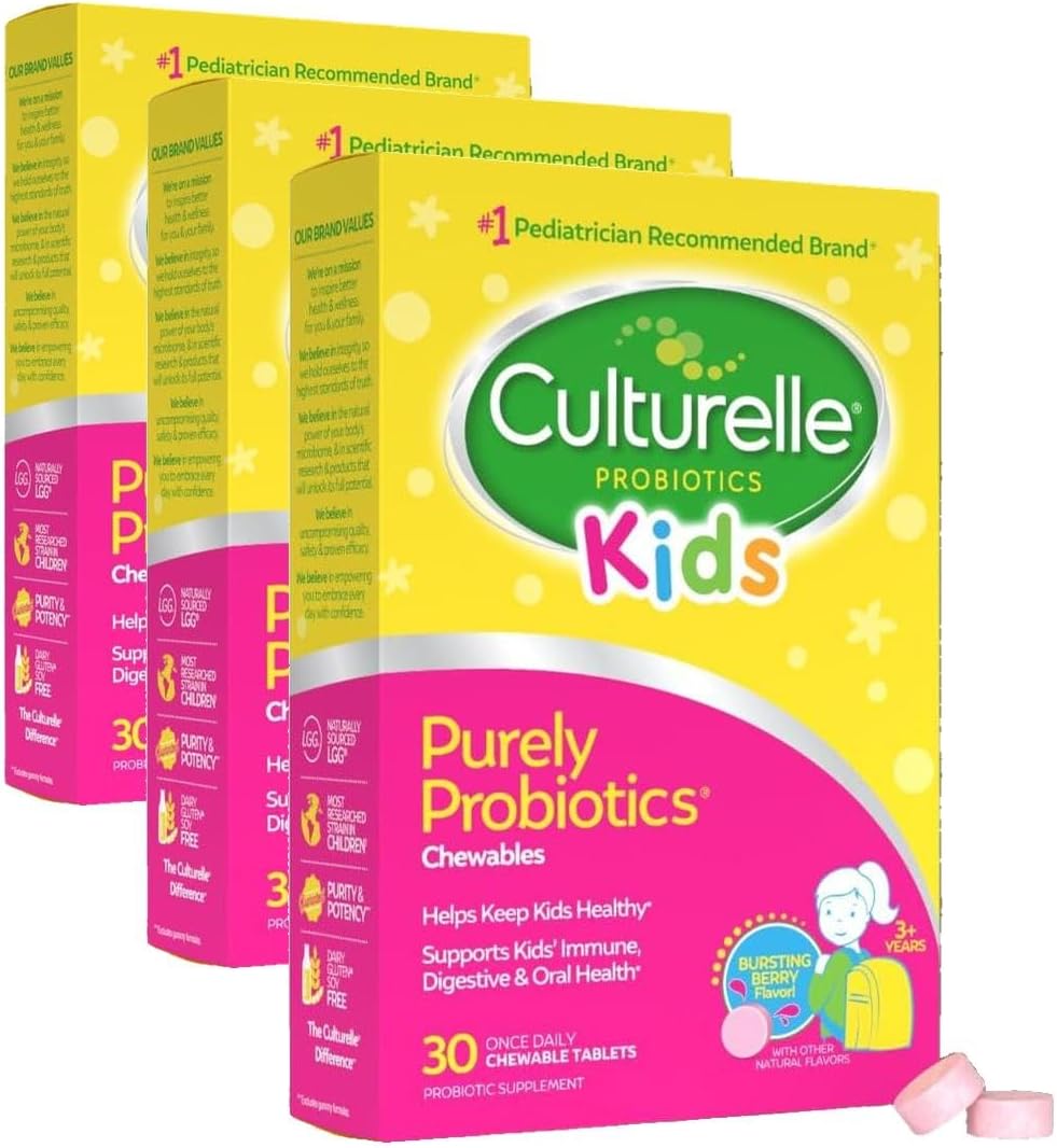 Culturelle Daily Chewable Probiotics for Kids Ages 3+, Berry Flavor, 30 Ct | From the #1 Pediatrician Recommended Brand± Promotes Digestive Gut Health, Oral Care & Immune Support* 5B CFUs, Gluten Free