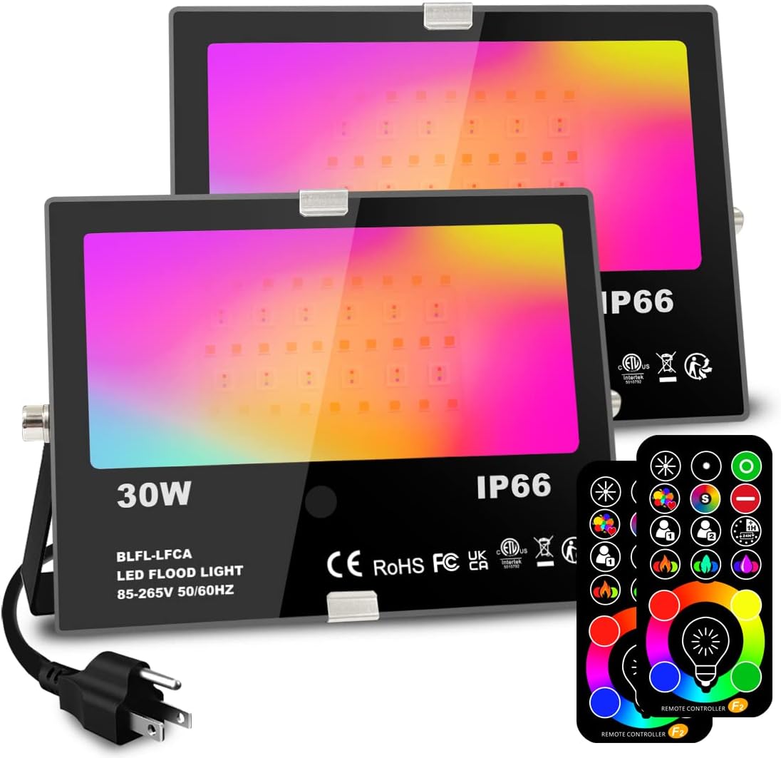 Led Flood Light Outdoor 30W, 300W Equivalent, Color Changing RGB Lights | Remote Control, 120 RGB Colors, Warm White 2700K, Timing, Custom Mode, Uplight Landscape Lights,IP66 US 3-Plug (2 Pack)