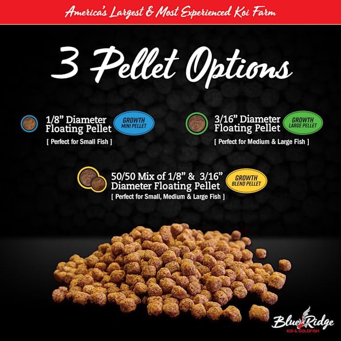 Blue Ridge Koi Fish Food 2lb - Koi Food 3/16” Large and Mini Blend Growth Formula, Goldfish Food, Premium Fish Food for Ponds, Ponds Fish Food, Floating Pond Pellets
