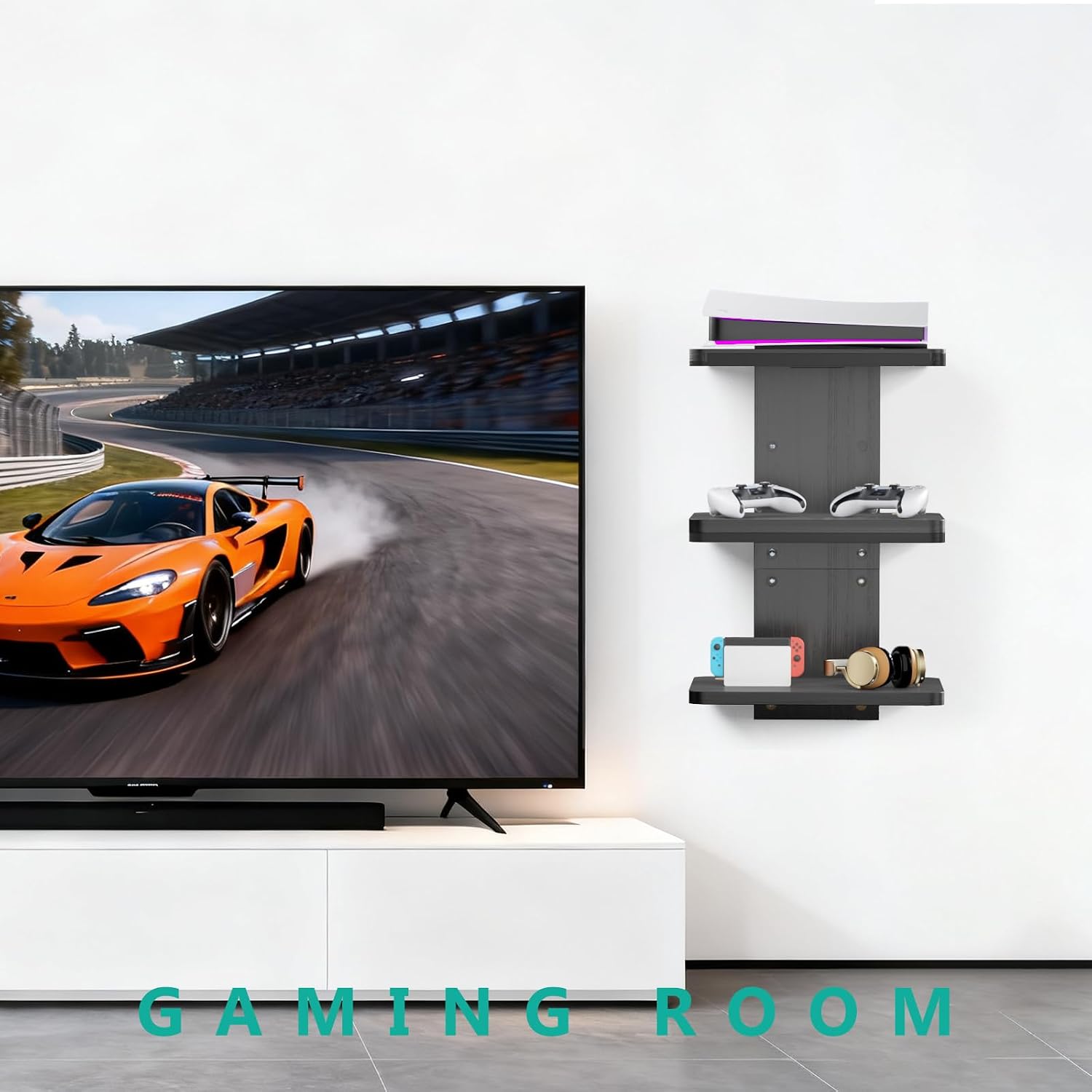WALI Floating TV Shelf, 2 Tier Glass Projector Shelf for DVD Players, Routers, Game Consoles, Cable Boxes, Living Room Decor, Wall Mount Shelves Hold Up to 17.6lbs (CS202B), 2-Shelf, Black