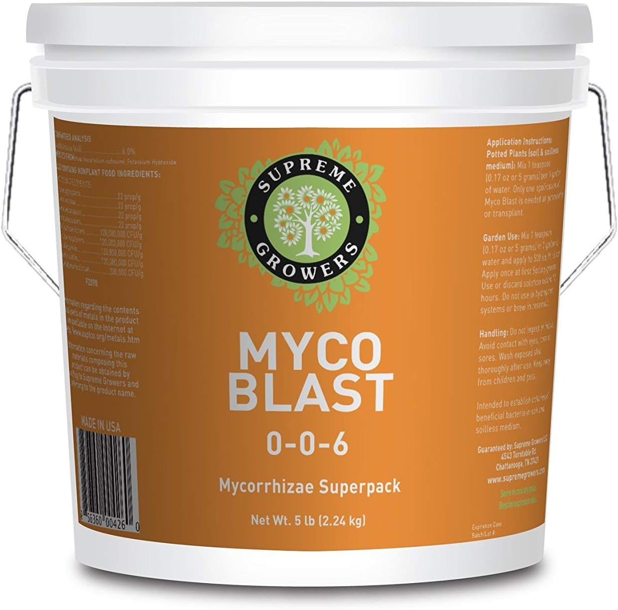 Myco Blast Concentrate by Supreme Growers Single Use Mycorrhizae Inoculant Coats Plant Roots Enhances Soil Fertility Fortified with Trichoderma 5lb Bucket Makes 470 Gallons