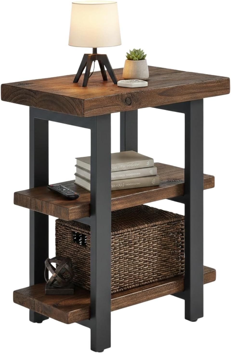 Alaterre Furniture Pomona Solid Wood 2-Tier End Table, Rustic Brown, 27” | Nightstand with Storage Shelf and Metal Legs, Industrial Farmhouse Chair Side Table for Living Room or Bedroom