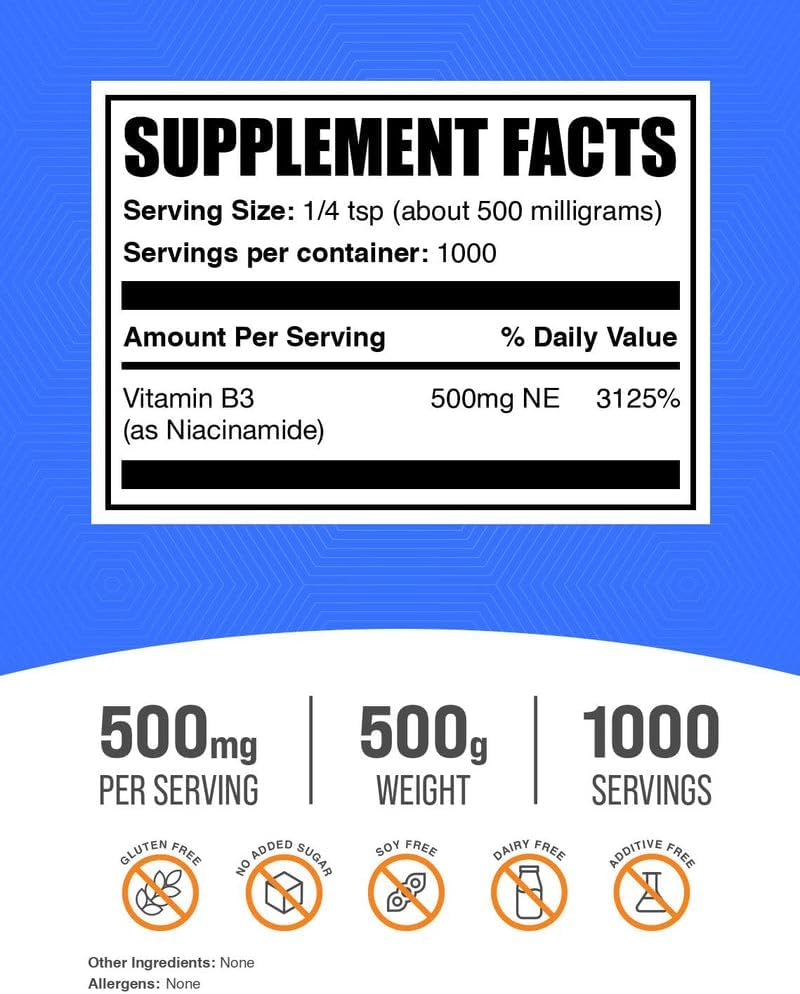 BulkSupplements.com Niacinamide Powder - Vitamin B3 Powder, Niacinamide Supplement, Niacinamide 500mg - B3 Vitamins for Skin, Gluten Free, 500mg per Serving, 1kg (2.2 lbs) (Pack of 1)