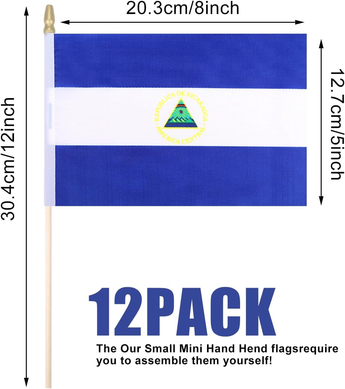 12 Pack Nicaragua Miniature Small Wooden Stick Flags Nicaraguans Mini Handheld Flag Patio Lawn & Garden Outdoor Decorations,8x5 Inch