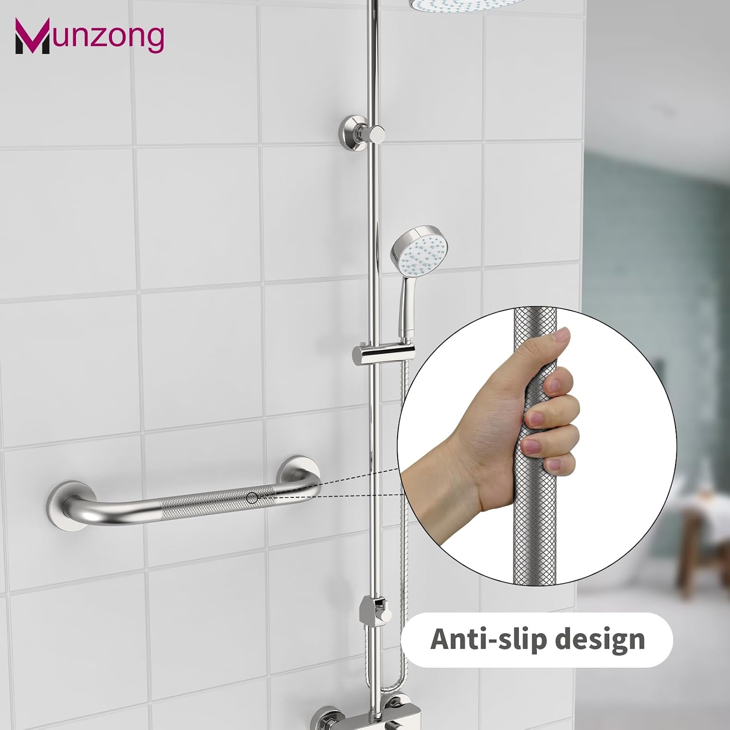 Munzong 3 Pack Commercial Handicap Grab Bars 18" 36" 42" Brushed Nickel | Bathroom Grab Bar for Shower 1.25" Diameter Anti Slip Bathroom Balance Bar Safety Hand Rail for Elderly Injury Senior