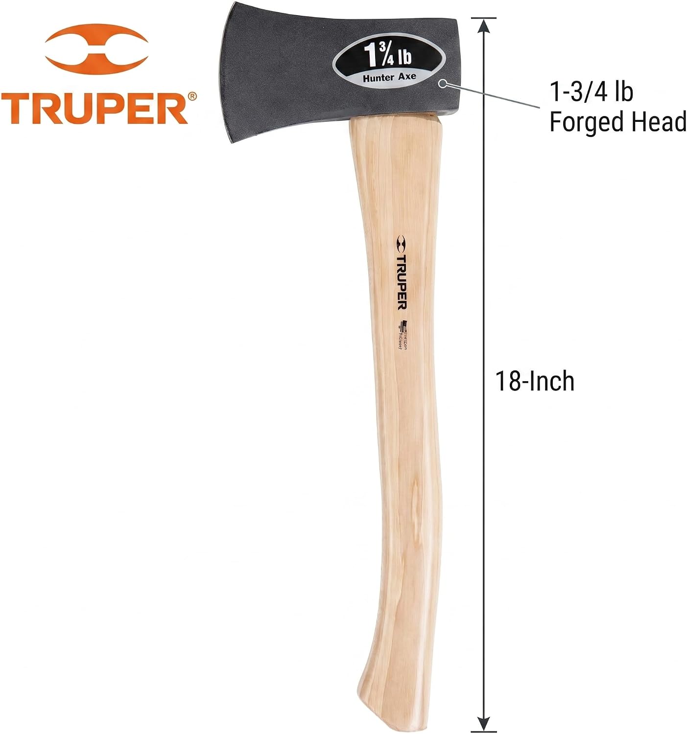 Truper 1-3/4 lb Hunter Axe, 18-Inch American Hickory Handle, Forged Steel Head, Compact Camping and Survival Hatchet (Model HHU-1 3/4H / 32717)