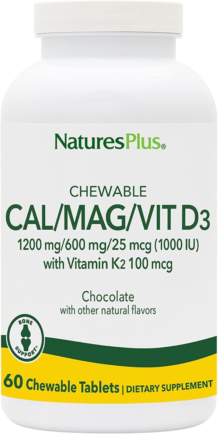 NaturesPlus Calcium/Magnesium/Vitamin D3 with Vitamin K2 - 60 Chewable Tablets - Supports Bone & Immune Health - Vanilla Flavor - Gluten Free - Up to 30 Servings