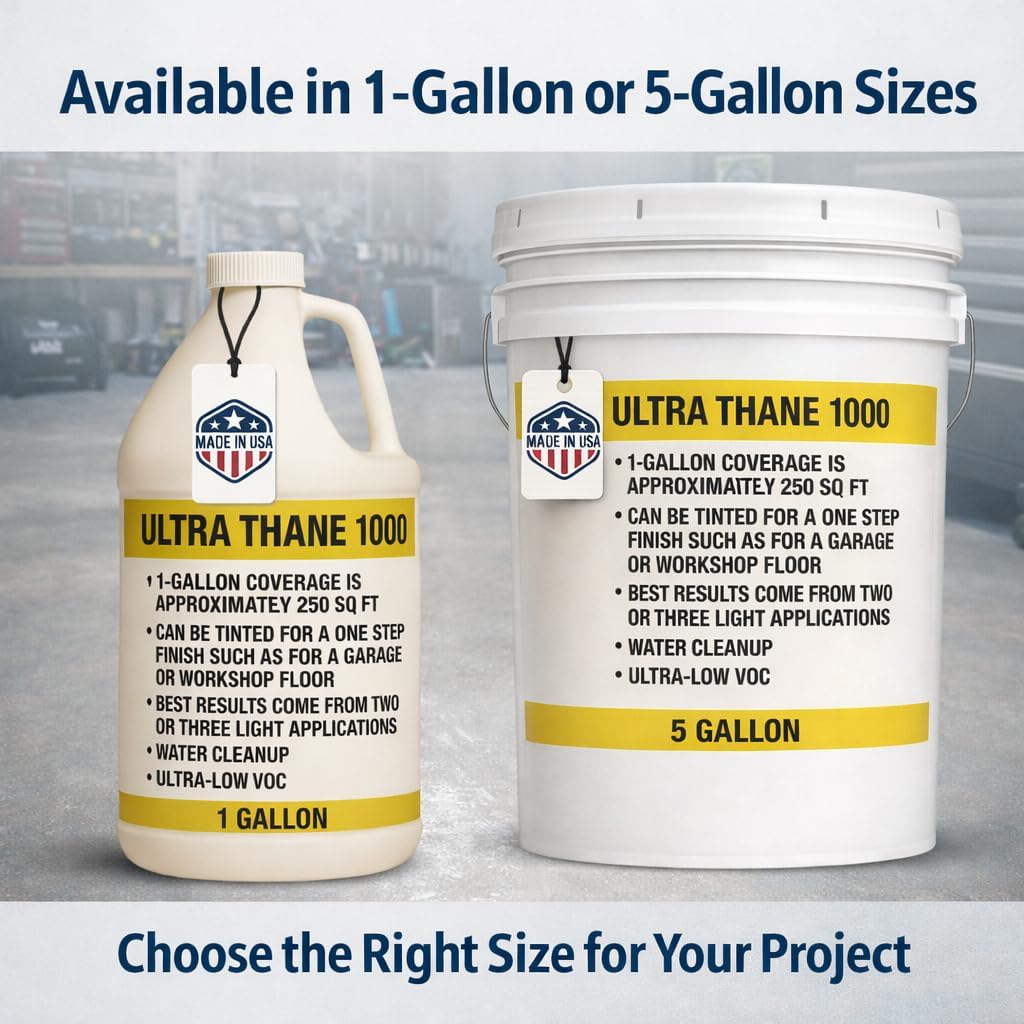 Ultra Thane 1000 Single Component Polyurethane Concrete Floor Sealer –UV & Stain-Resistant Aliphatic Urethane – Clear Protective Finish for Concrete, Overlays & Microtoppings - 5 Gallon