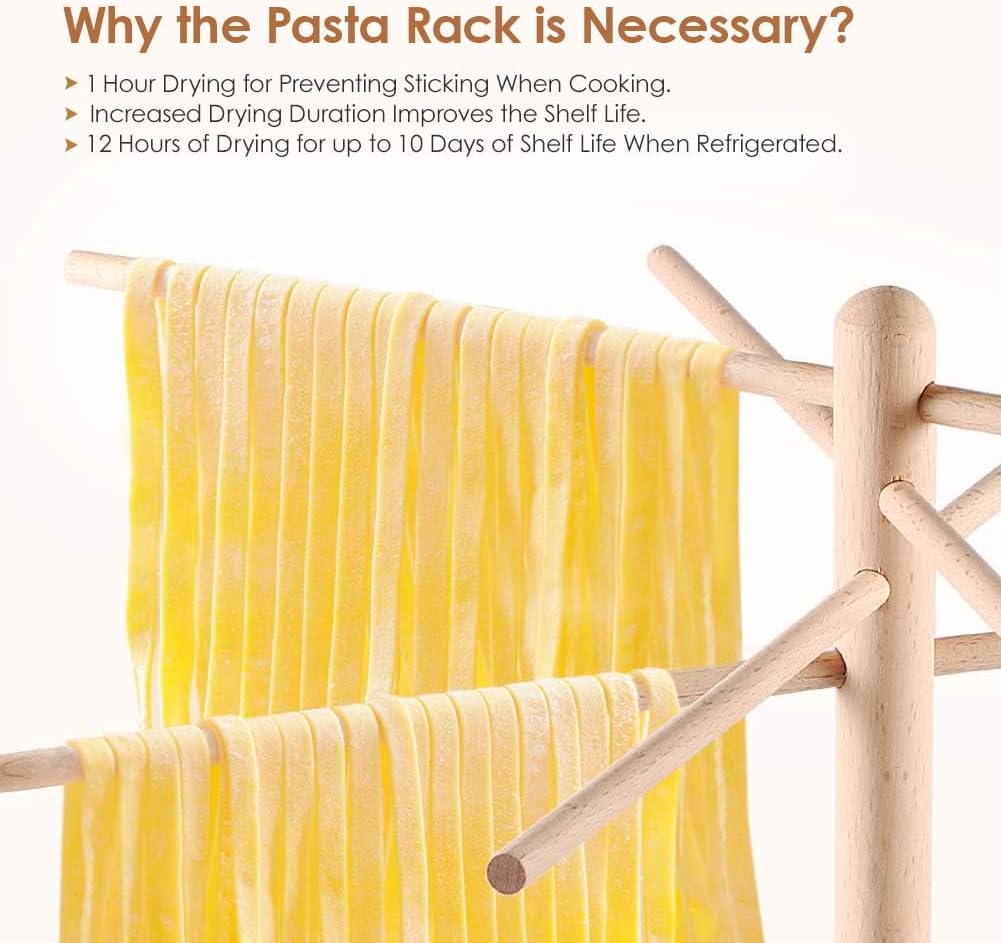 iSiLER Natural Beech Wood Pasta Drying Rack with 8 Branches, Easy to Transfer for Drying Pasta and Spaghetti, Special Suspension Design for Storage