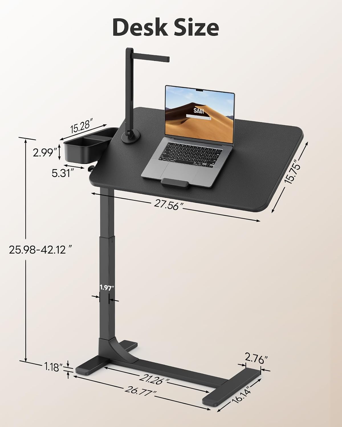 SAIJI Magnetic Height and 360° Angle Adjustable Overbed Bedside Table Tray | Lengthened Over Bed Desk with Wheels