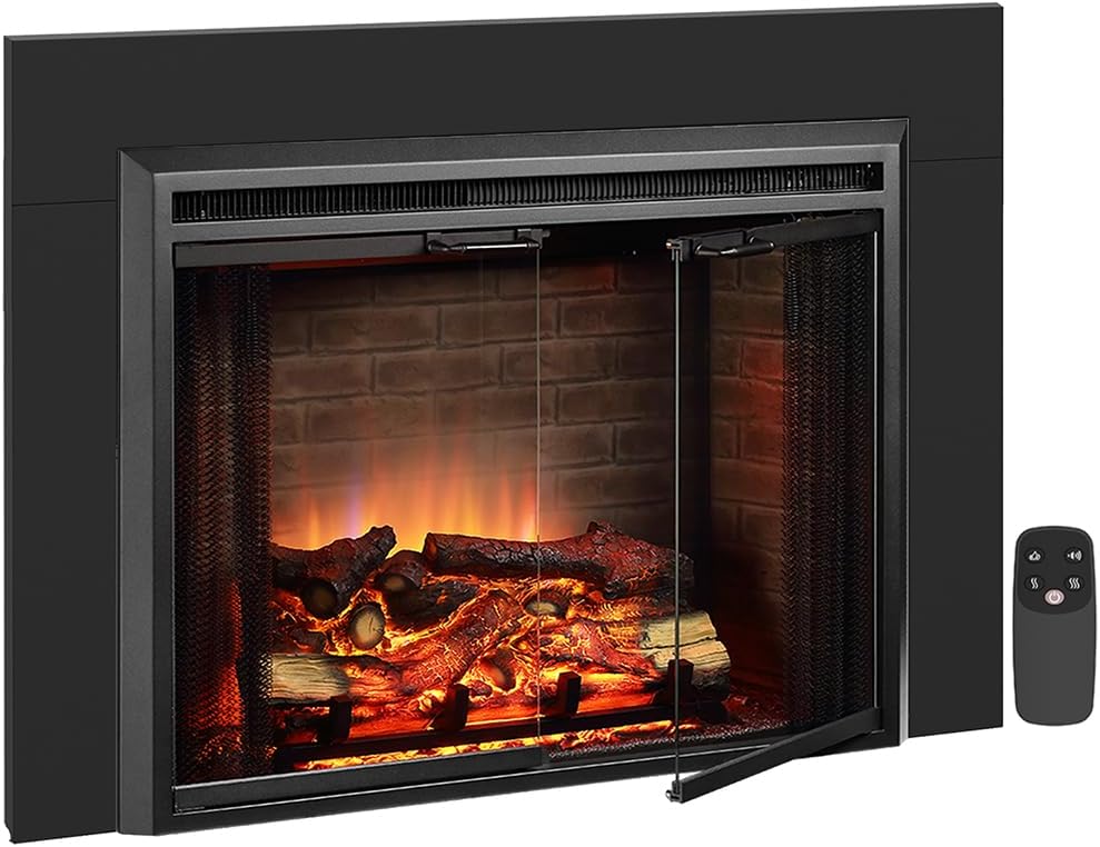 PuraFlame Klaus Electric Fireplace Insert with Fire Crackling Sound, Glass Door and Mesh Screen, 750/1500W, Black, 29 15/16 Inches Wide
