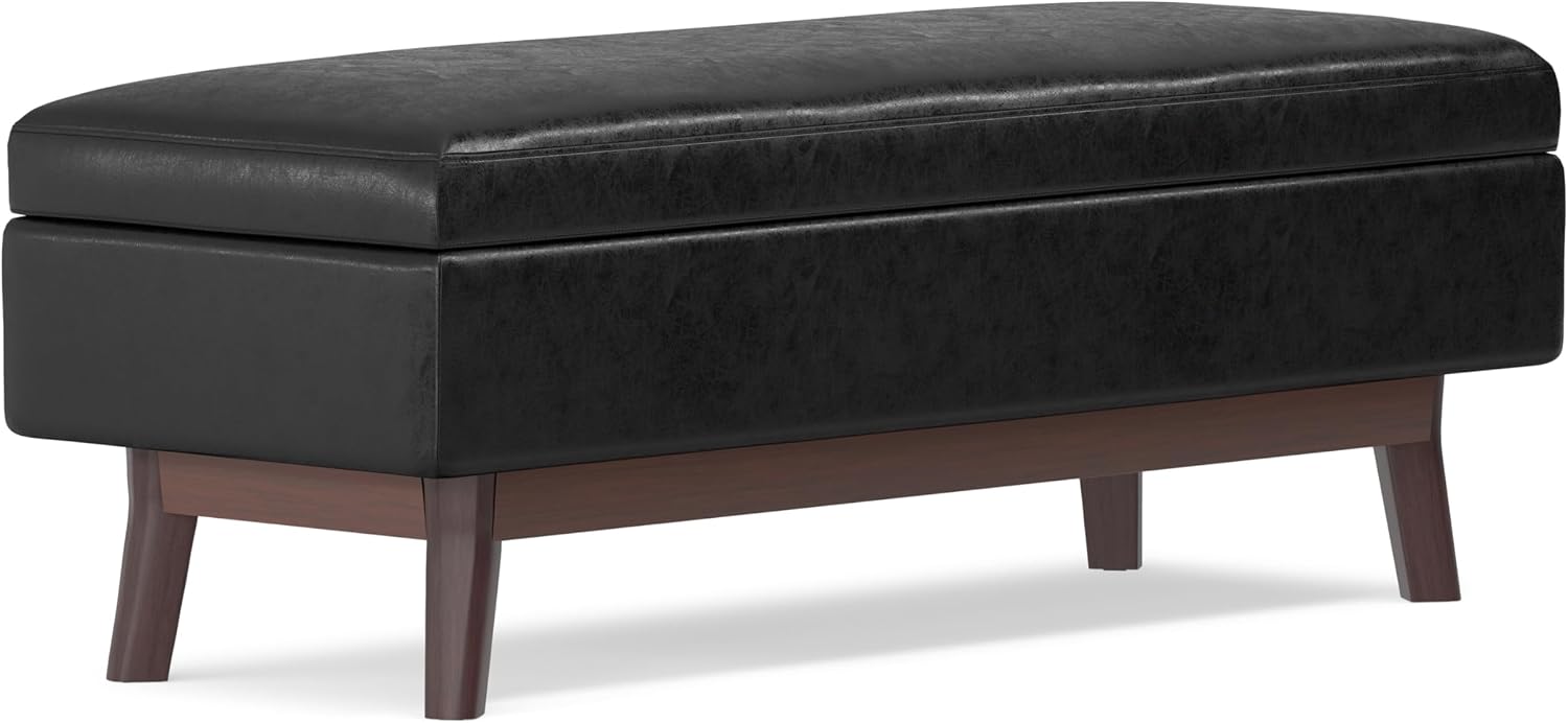 SIMPLIHOME Owen 34" Wide Vegan Leather Lift Top Ottoman in Dark Blue