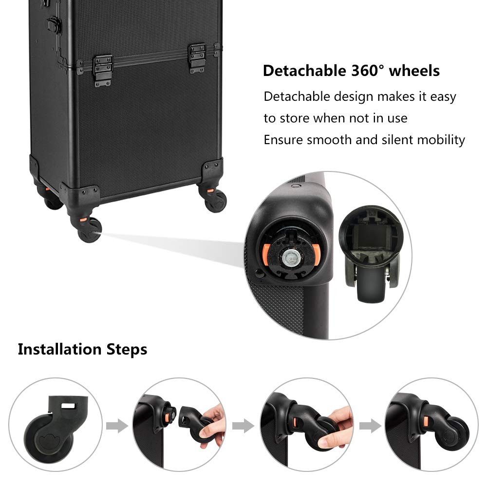 mefeir 2 in 1 Rolling Makeup Train Case Professional Cosmetic trolley on Wheels Aluminum Nail Cart Cosmetic Suitcase for professional makeup artist, Luggage Lockable w/4 Removable Wheels (Black)