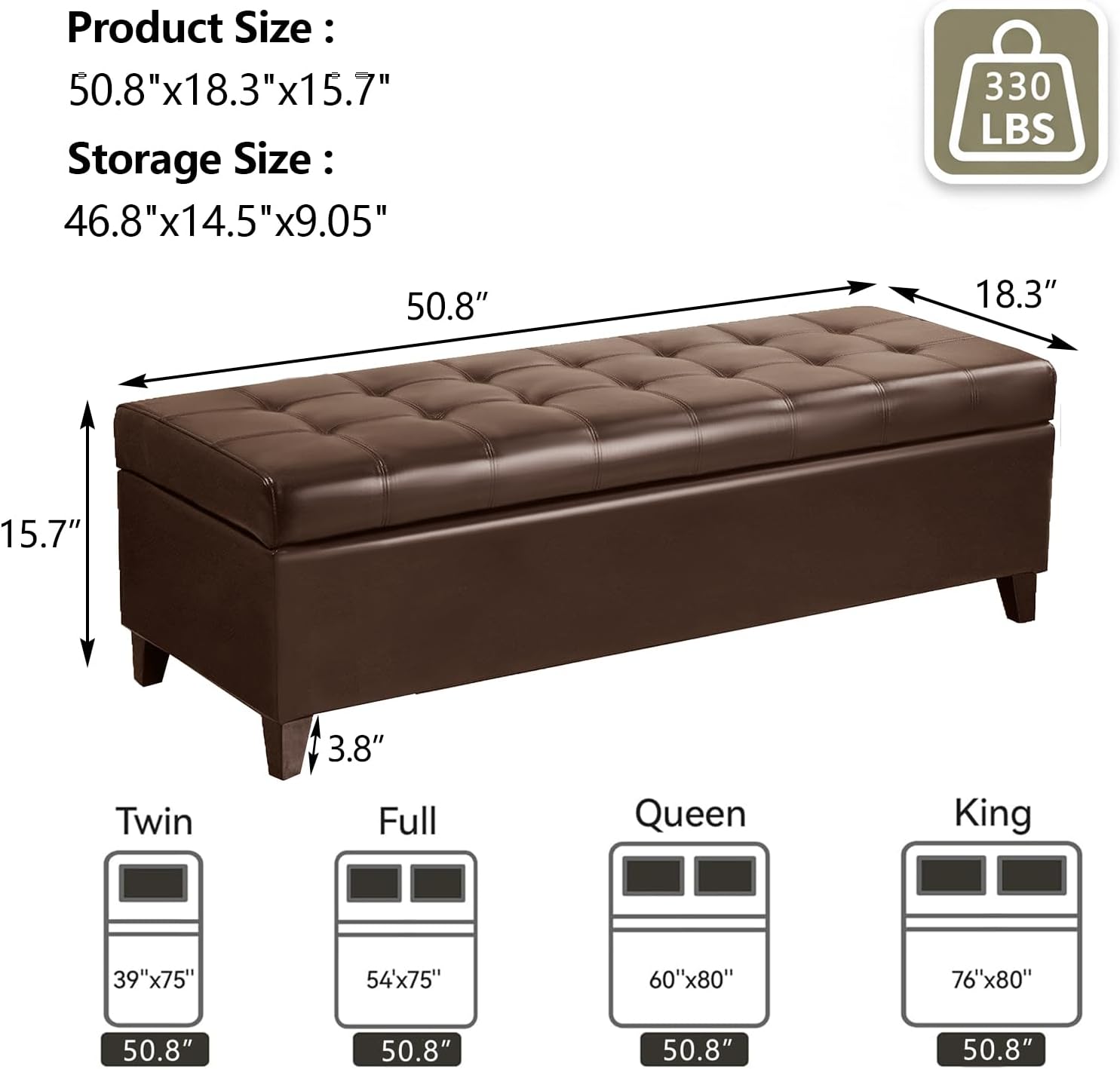51 Inch Storage Bench,Leather Tufted Storage Ottoman with Legs | Safety Hinges,Wooden Legs,Upholstered,End of Bed,Bedroom,Living Room,Entryway,330LBS,Brown