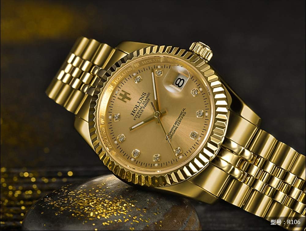 Men's Automatic Watch Gold-Plated 316L Steel Sapphire Crystal | Japanese 8215 automatic movement • Sapphire crystal • 18K gold-plated 316L steel • Date display • Dress and business wear