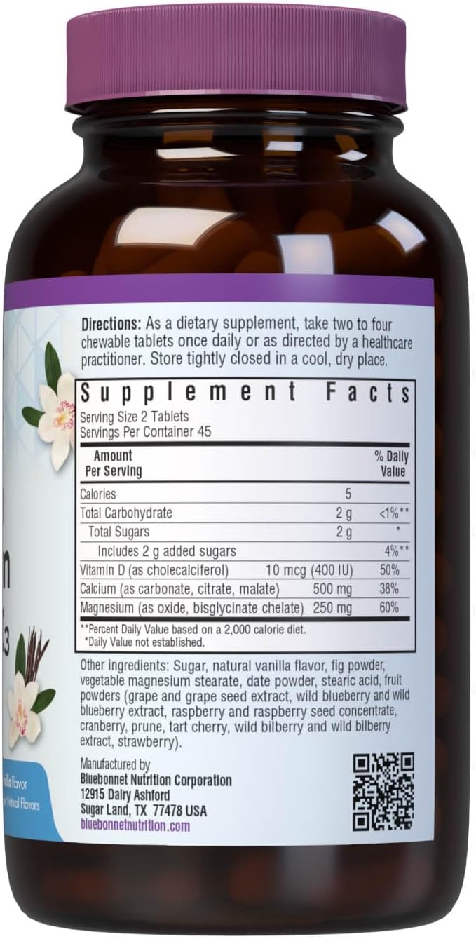 Bluebonnet Nutrition Calcium Magnesium Plus Vitamin D3 Earthsweet, Bone Health & Muscle Relaxation, Soy-Free, Gluten-Free, Kosher Certified, Dairy-Free, 90 Vanilla Flavored Chewable Tablets | Bone Health; Kosher Certified, Gluten-Free, Soy-Free, Dairy-Fr…