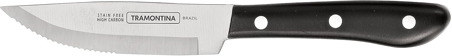 Tramontina Porterhouse 4-Pc Steak Knives | 5-Inch Stainless Steel High-Carbon Serrated Blade, Kitchen Knife Set with Hardwood Block, Full-Tang, Dishwasher-Safe