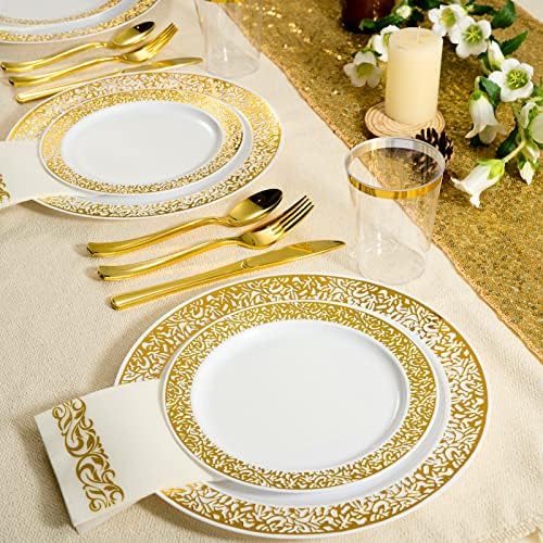 FOCUSLINE 175 Pieces Rose Gold Disposable Dinnerware Set for 25 Guests