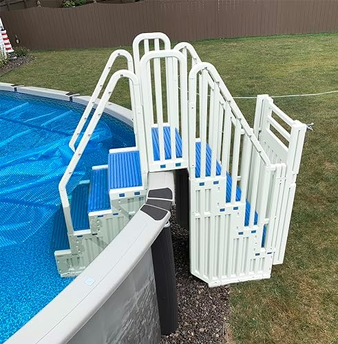 Confer Entry System for Above Ground Pools | White Frame with Blue Steps | All Resin Bridge System with Handrails and Gate