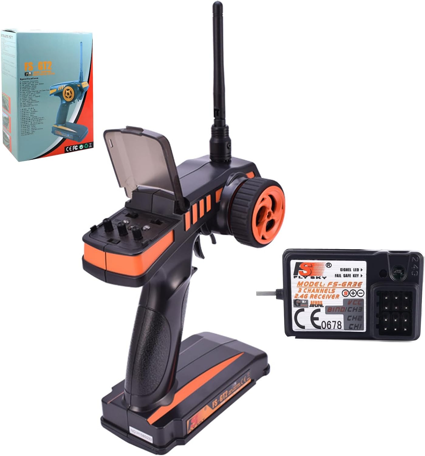 GoolRC Flysky FS-GT2 RC Transmitter with FS-GR3E Receiver, 2.4GHz 2 Channels Radio Controller and 3 Channels Receiver for RC Car Boat