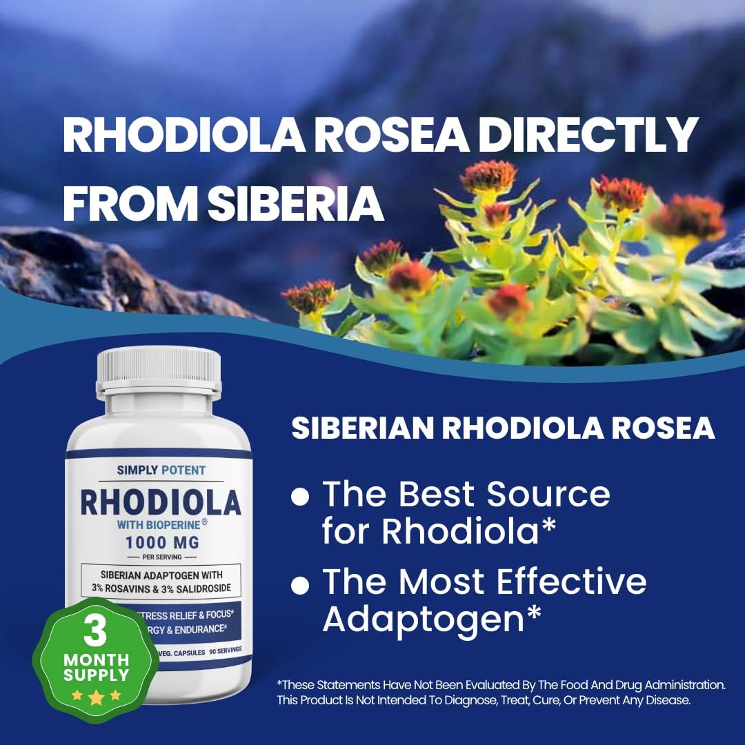 Simply Potent Siberian Rhodiola Rosea Capsules, Max Absorption Rhodiola 1000mg 180 Pills with 10mg Bioperine