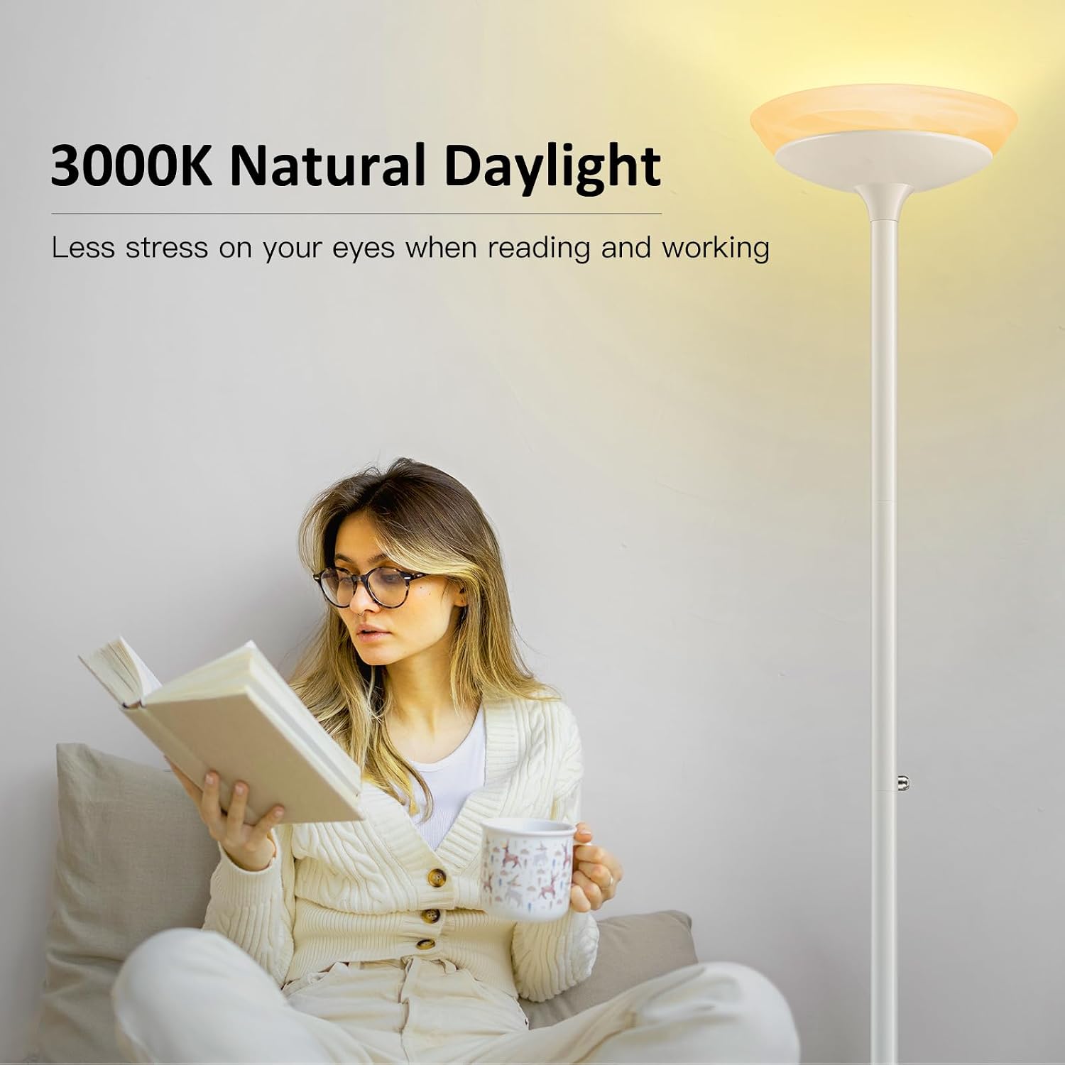 BoostArea Torchiere Floor Lamp, 30W Super Bright LED Standing Lamp, Stepless Dimmable Pole Lamp with 3000K Lighting, Rotary Switch