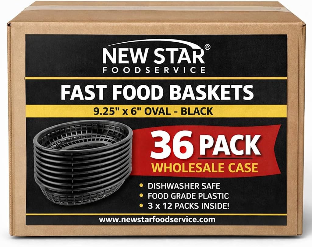 New Star Foodservice Fast Food Baskets, 9 1/4 x 6 Inch Oval, Set of 36, Black