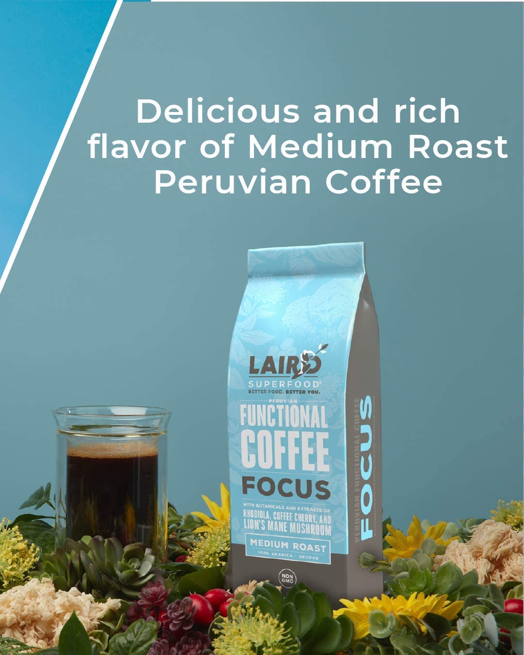 Laird Superfood Peruvian Dark Roast Coffee with Functional Mushrooms, Certified Organic Peruvian Ground Coffee Beans, Gluten-Free, Dairy-Free, Non-GMO