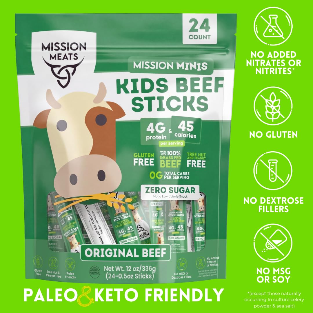 Mission Meats Kids Beef Sticks, Zero Sugar, Healthy Mini Snacks 0.5oz, 24ct | Healthy Back-to-School Snack, Great for Lunches & Sports, Top 9 Allergen Free, Individually Wrapped, Kid-Loved & Not Spicy