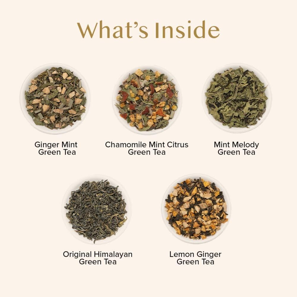 VAHDAM, Assorted Green Tea Bags Sampler (5 Flavors, 20 Ecofriendly Pyramid Tea bags) I Gift Ideas for Women & Men | Himalayan Green Tea Varieties | Gluten Free & Non GMO | Gift Ideas for Him/Her