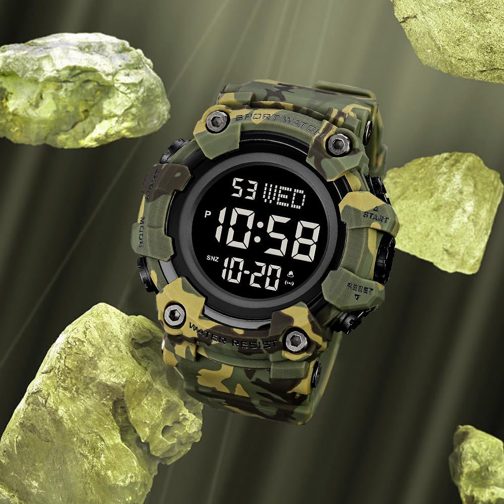 FANMIS Men's Digital 50M Waterproof Electronic Sport Watch Rubber Band Army Military 24H Time LED Light 164FT Water Resistant Calendar Date Day Watches
