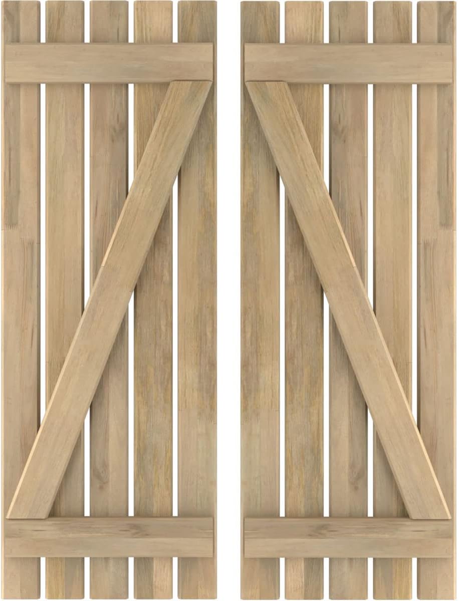 19 1/2"W x 70"H Americraft Five Board (2 Batten) Exterior Real Wood Spaced Board-n-Batten Shutters w/Z-Bar (Per Pair), Unfinished