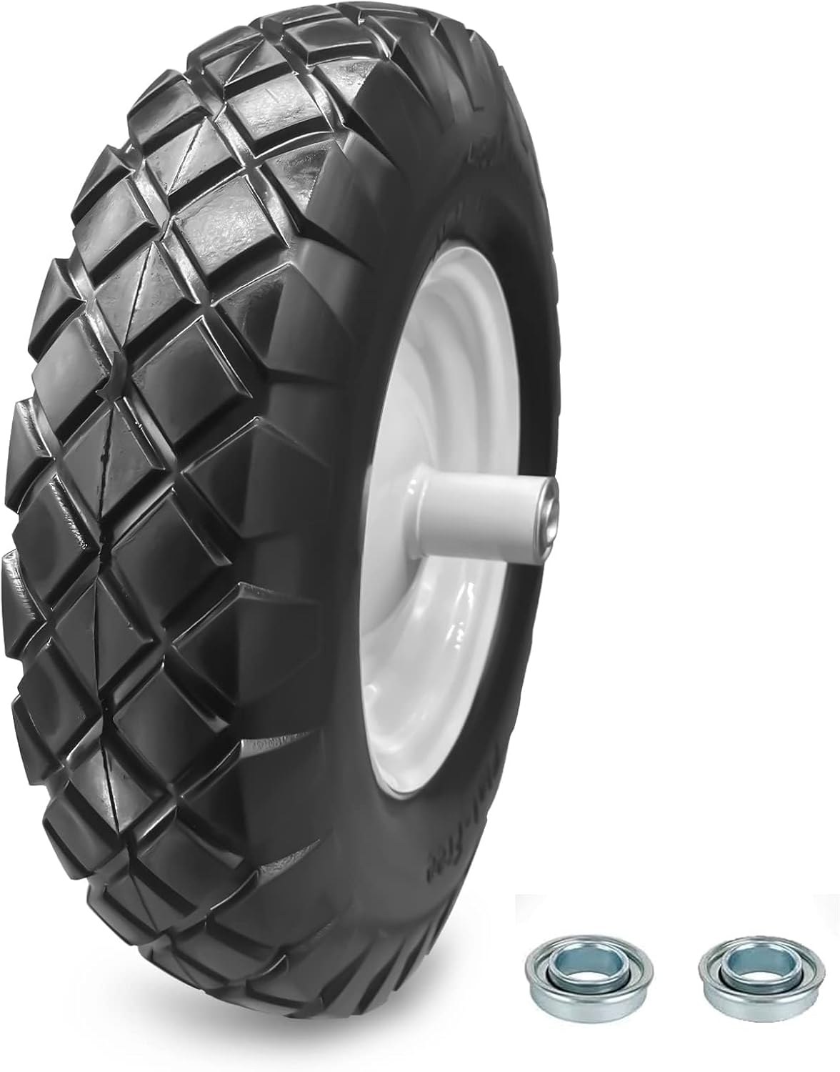 16" Flat Free Solid PU Tire and Wheel, 4.80/4.00-8 PU Airless Tires with 5/8" and 2 Pcs 3/4 Bearings