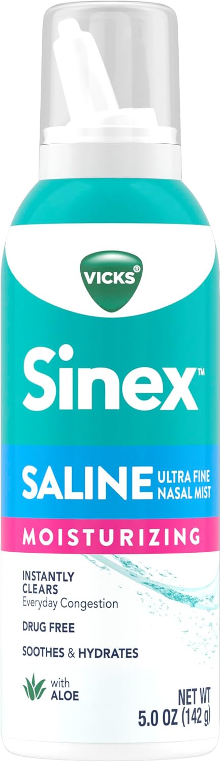 Vicks Sinex Saline Moisturizing Nasal Spray, with Aloe, Drug Free Ultra Fine Mist, Clear Everyday Sinus Congestion Fast