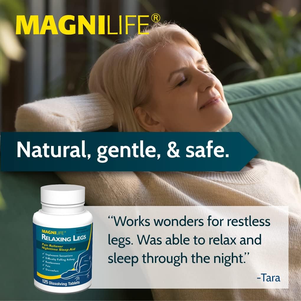 MagniLife Relaxing Legs Sublingual Tablets, 125 Count, Quick-Dissolving Homeopathic Pain Reliever & Nighttime Sleep Aid, Helps Calm Restless Legs, Discomfort & Sleepless Tossing