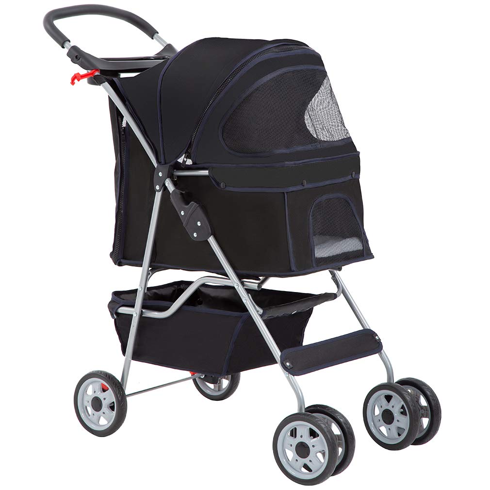 BestPet | 4-Wheel Foldable Pet Stroller | Black | Lightweight & Portable | Travel Carrier with Mesh Windows, Storage Basket, Cup Holder, Safety Brakes, and Waterproof Fabric | For Small Dogs and Cats