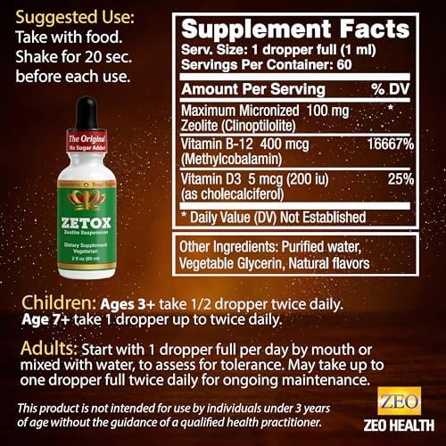 ZETOX | Zeolite Detox for Kids and Adults | Enhanced with Methyl Vitamin B12 and D3 | Premium Grade Liquid Clinoptilolite Zeolite Drops | Supports