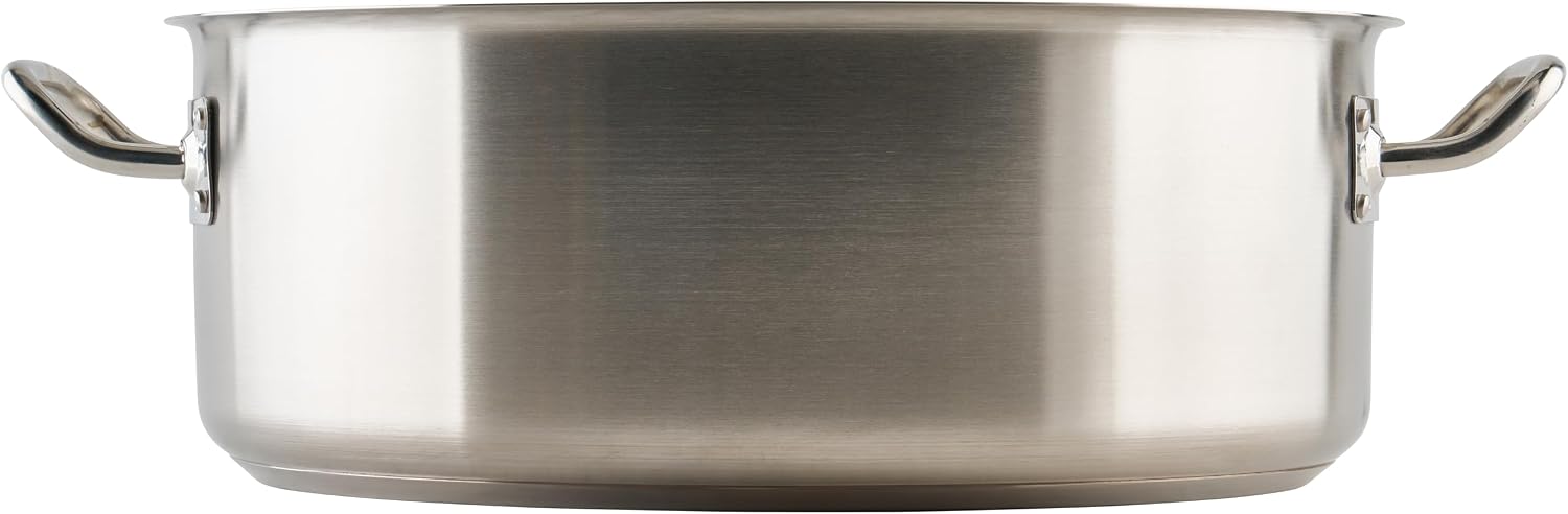Winco 15 qt Stainless Steel Brazier Pan with Lid | Flat bottom, Wide base, Riveted handles, Induction safe, Great for Braising, Simmering, Batch Cooking and Restaurant Kitchens