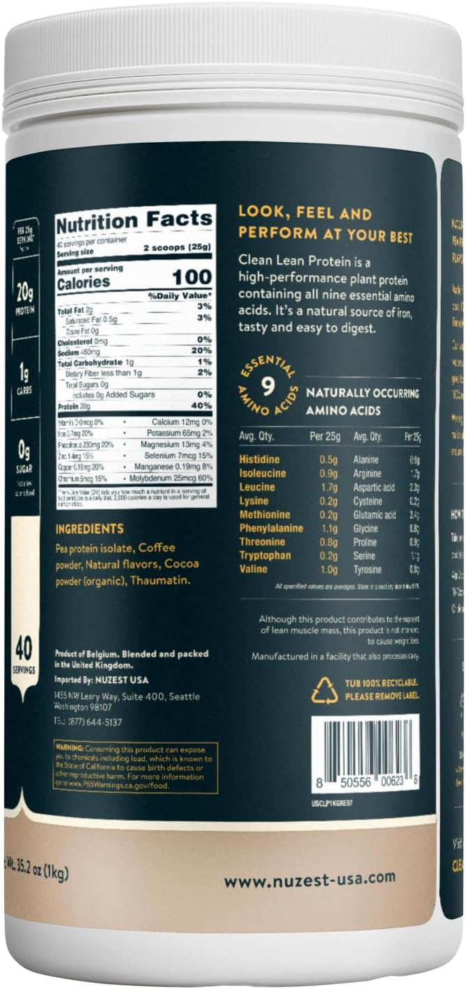 Nuzest Clean Lean Protein - Vegan Pea Protein Powder Rich Chocolate 1.1 lb | 20 Servings with 18g Protein Plant Based Protein Powder, Only 4 Ingredients, Dairy Free, Gluten Free, GMO Free, Protein Shake