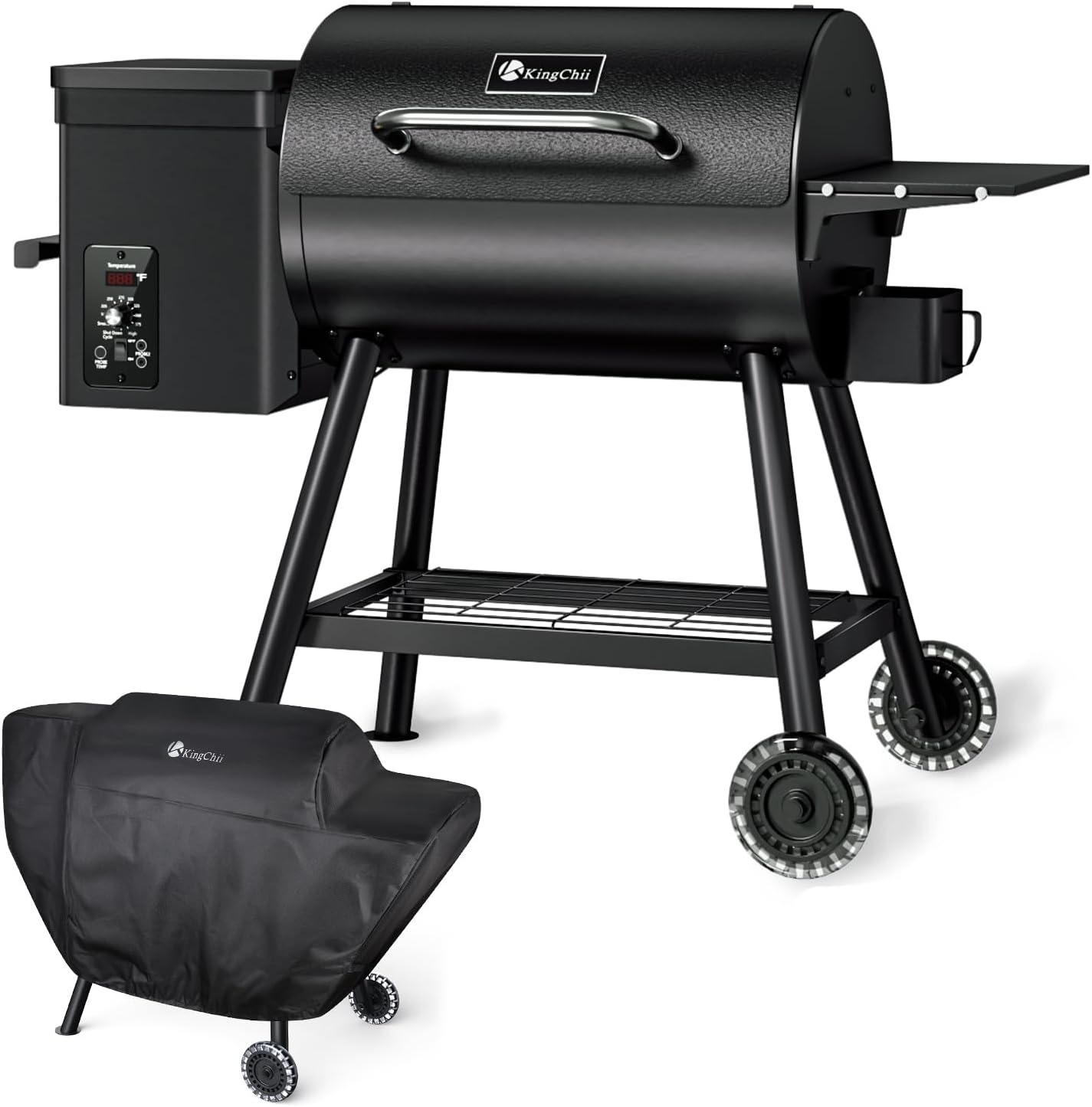 KingChii Electric Wood Pellet Grill & Smoker with Side Shelf, 456 SQ.IN Grill Capacity, with PID Temperature Control (180-425°F) for Backyard Camping Bake and Roast, Black